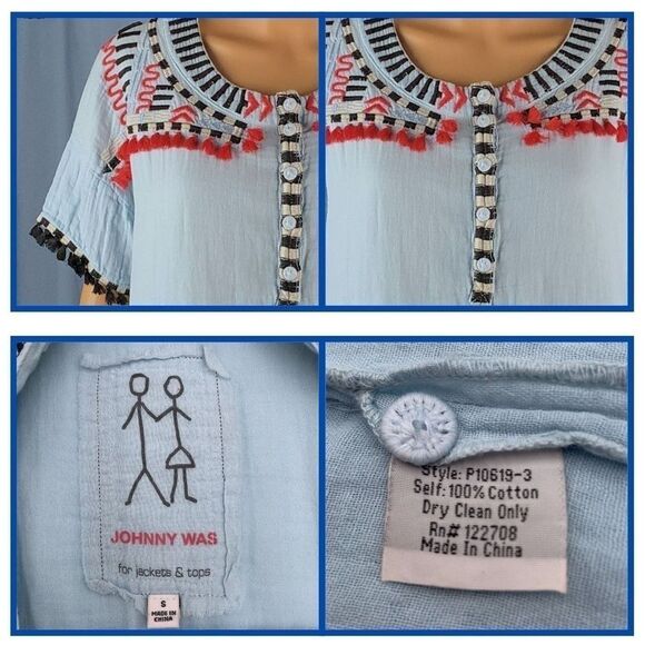 Johnny Was Short Sleeve Embroidery Top Fringe Style P10619-3 Sz Small, Bohemian - Picture 10 of 11